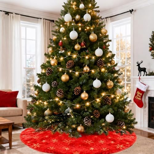 Christmas Tree Skirt, 48 Inch Red Luxury Faux Fur & Gold Sequin Snowflakes, 4ft Xmas Tree Skirt for Holiday Tree Ornaments Christmas Party Home Decorations