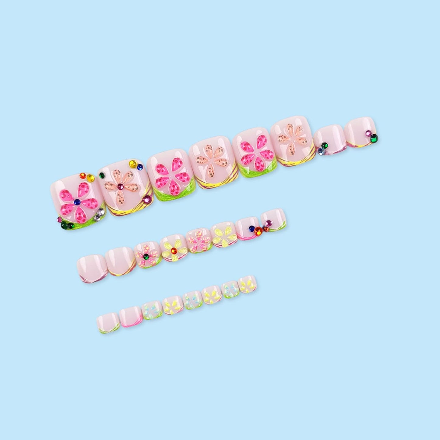 RUOKEXIN Short Press on Toenails French Tip Fake Toenails with 3D Flower Rhinestones Designs Square Toe Nail Press ons Glossy Artificial Nails for Women 24Pcs