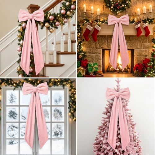 Gejoy 47 x 16 Inch Large Pink Christmas Bows Pink Velvet Bows