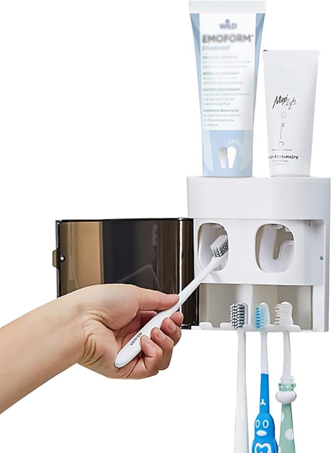 StAider Wall-Mounted Toothbrush Holder-Electric Toothbrush Holder with Two Toothpaste squeezers and Toothbrush Storage Box. Automatic Toothpaste Dispenser with dust Cover, Suitable for Bathroom, White