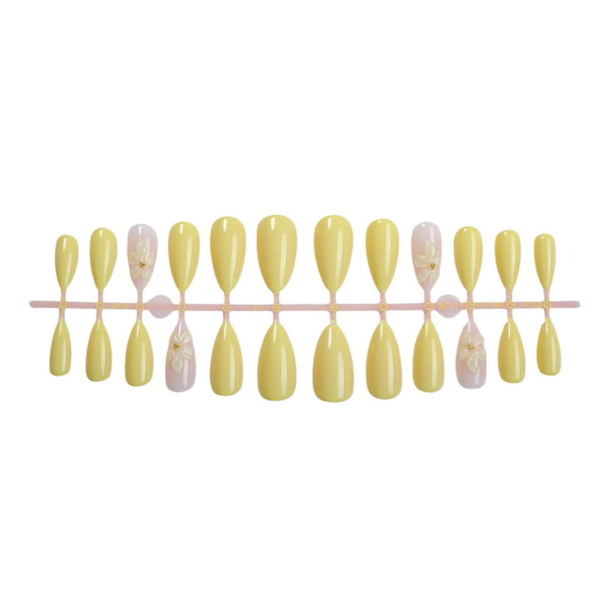 Yellow Press on Nails Medium Almond Fake Nails Flower Nails Press ons with Design Full Cover Stick on Nails for Women Manicure,Reusable | Artificial | Nail Sticky Tabs | Easy Apply | 24Pcs