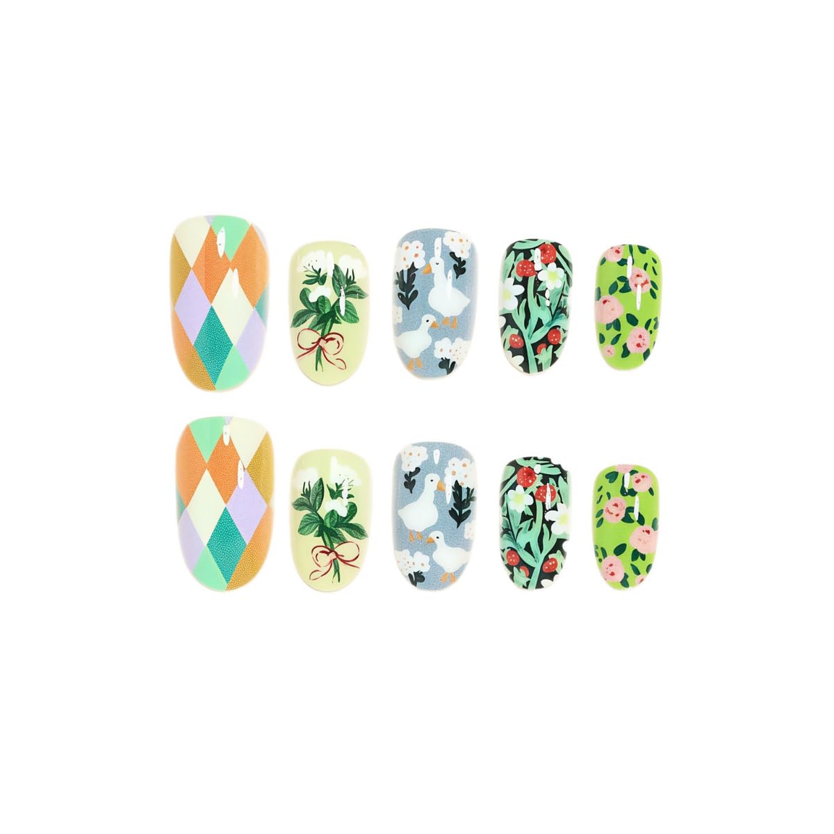 Spring Summer Cute Press on Nails Short Oval - Strawberry, Flower, Leaf & White Goose Design, Full Cover Glossy Fake Nails 24PCS for Women
