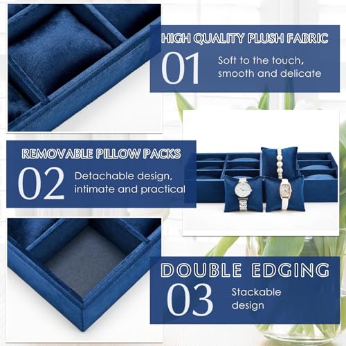 Henoyso 2 Pieces 12 Grid Velvet Watch Tray Jewelry Organizer Stackable Watch Bracelet Bangle Display Holder Adjustable Pillow(Blue) - color: Blue, size: 12 Grid