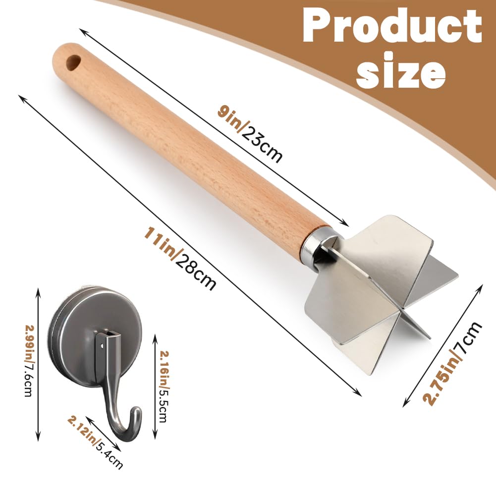Zorivane Stainless Steel Meat Chopper with Hook, 6 Blades Meat Masher Ground Beef Chopper Tool, 11 inch Hamburger Smasher Potato Masher Meats Pounder Multi-Purpose Kitchen Tool