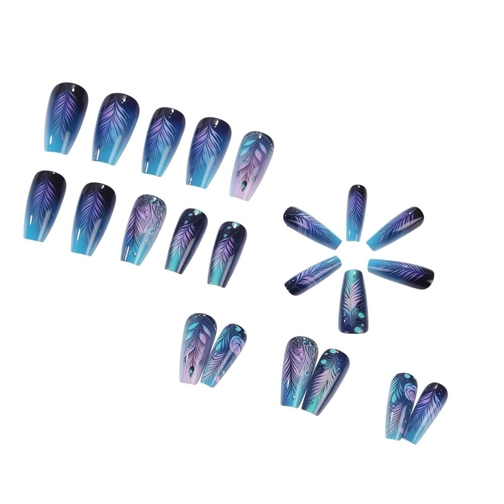Square Ombre Press on Nails Set - Blue Purple Gradient Feather Pattern Fake Nails with Glue on Nail Acrylic False Nails Glossy Full Cover Stick on Nail for Women 24PCS
