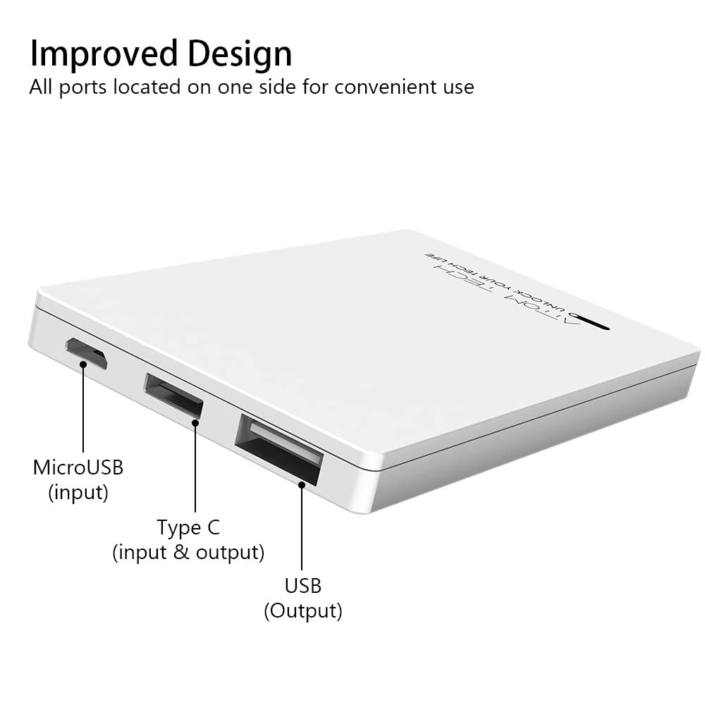Attom Tech Dual USB Output Super Slim Power Bank Ultra Thin, 3000mAh Portable Charger Mini External Phone Battery Pack Small Dual Outlet, Emergency Phone Power Backup (White)