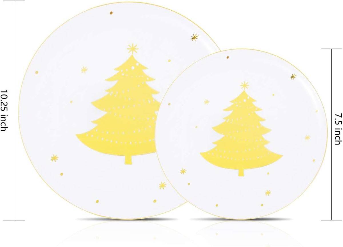 WDF 50Pieces Gold Plastic Plates-Christmas Tree Plastic Plates-Heavyweight White and Gold Disposable Plates for Christmas