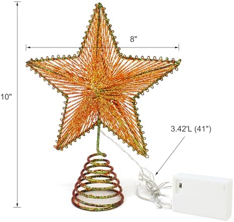 CVHOMEDECO. Champagne Gold Glittered 3D Tree Top Star with Warm White LED Lights and Timer for Christmas Tree Topper Decoration and Holiday Seasonal Décor, 8 x 10 Inch