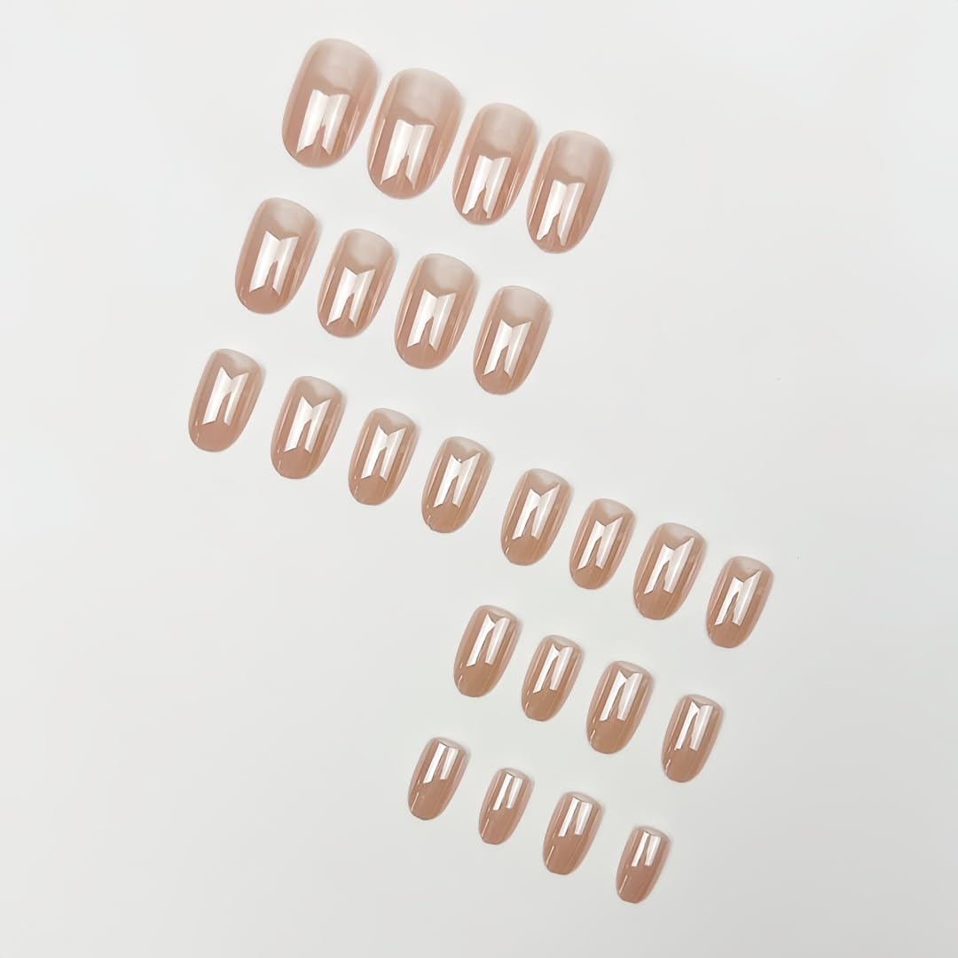 KQueenest Chrome Nude Press On Nails Short Oval, Glitter Fake Nails Press ons with Mirror Effect, Sparkly Pearlescent Glue on Nails Short Almond, Reusable Soft Gel Stick On Nails for Women Wedding