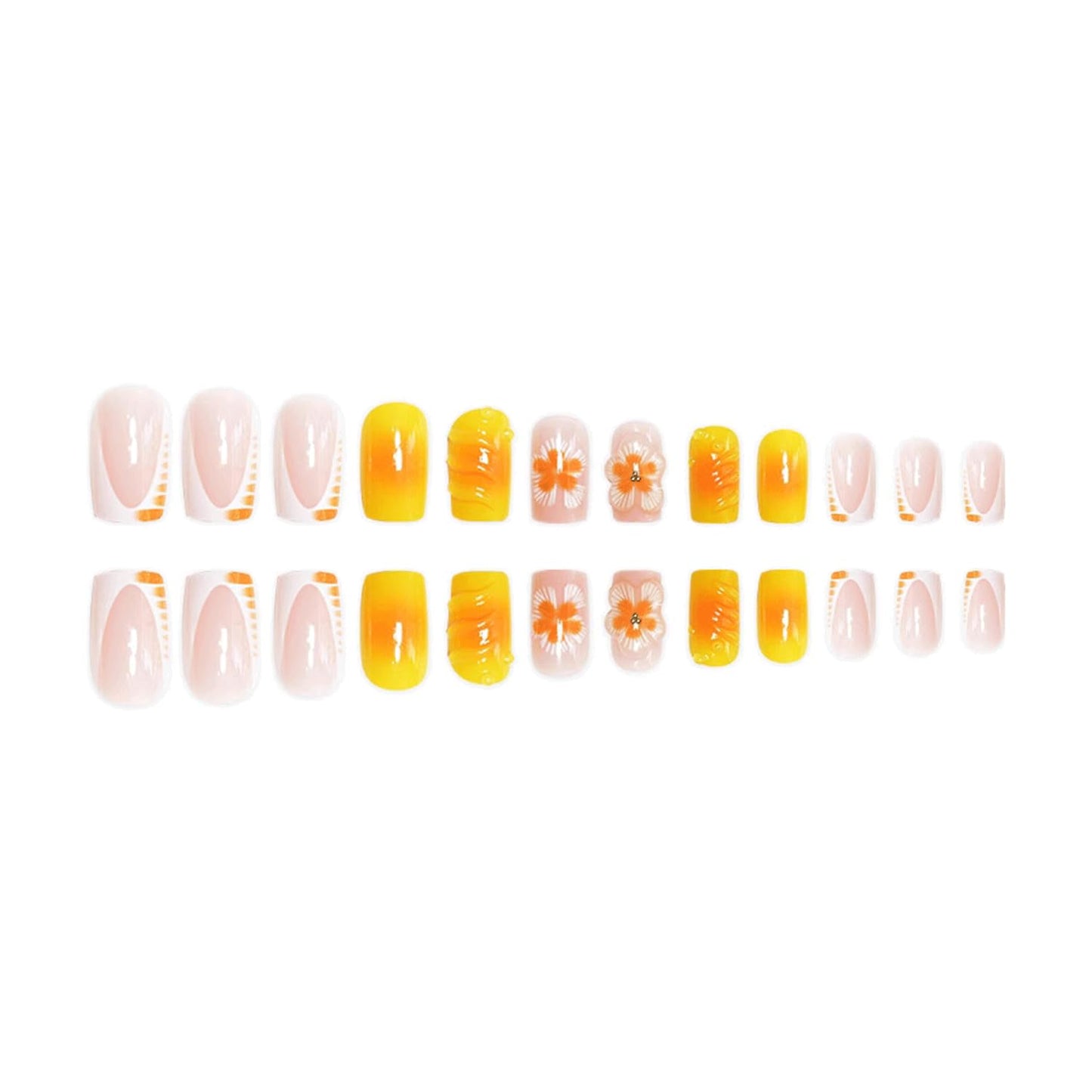 3D flower Press On Nails Short Square & Press On Toenails Set Yellow Fake Nails French Tip Acrylic Nails Kit Spring Nails Press Ons glossy Stick On Toenails For Women Girls Manicure 48 Pcs