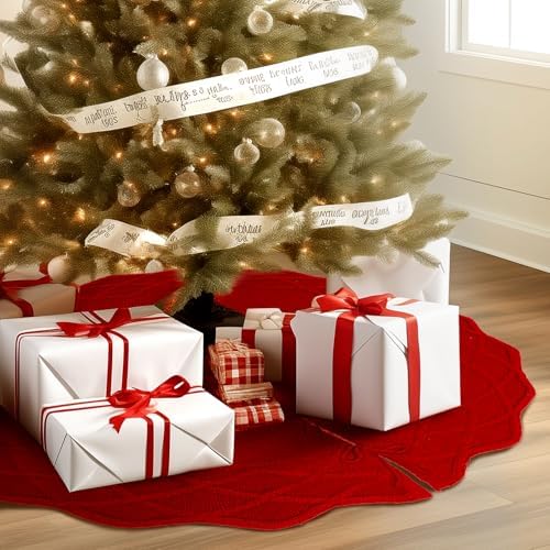 WBHome Christmas Tree Skirt, 48 inch Cable Knit Knitted Thick Rustic Holiday Decoration, Christmas Red
