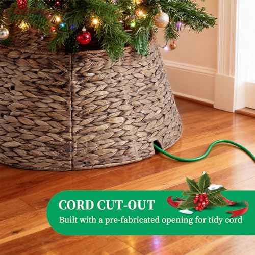 Sweetcrispy 24in Christmas Tree Collar for 4-7ft Trees, Woven Hyacinth Rattan 4-Panel with Cord Hole & Easy Lock, Handwoven & Durable Holiday Decor, Brown