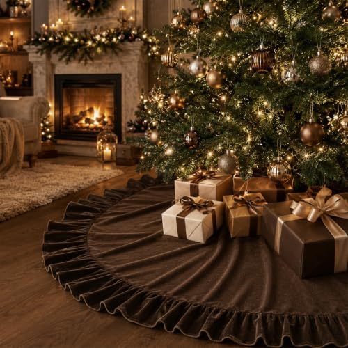 Christmas Tree Skirt,Velvet Tree Skirt with Ruffled Edge, Classic Large Velvet Fur Plush Tree Skirt for Merry Christmas(Brown,36Inch)