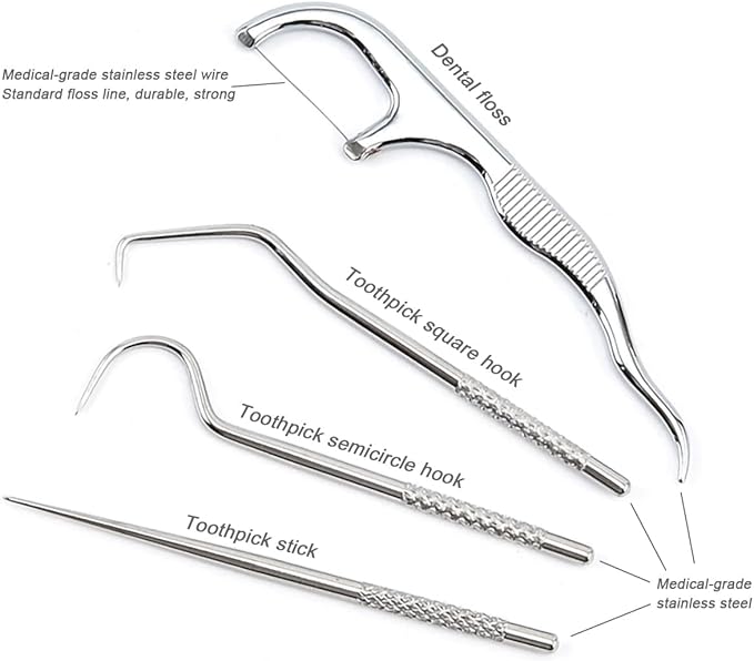 Toothpicks Pocket Set, Dental Floss Picks Kit Reusable, Stainless Steel Teeth Cleaning Tools, Tooth Picker Oral Hygiene Travel (2 Set)