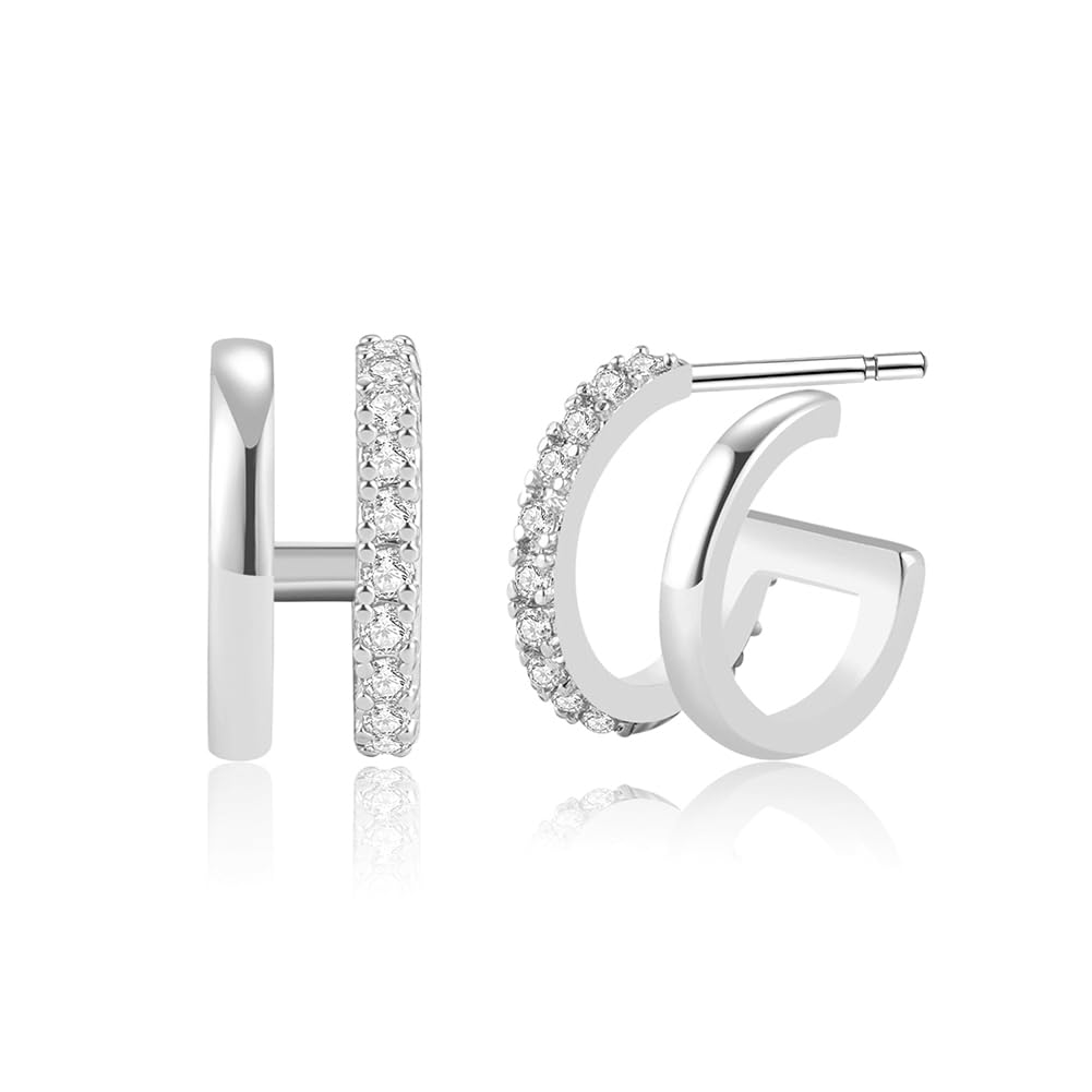 Obidos 14K Gold Plated Double Huggie Hoop Earrings for One Hole | Illusion Stud Earrings for Women (Plated White)
