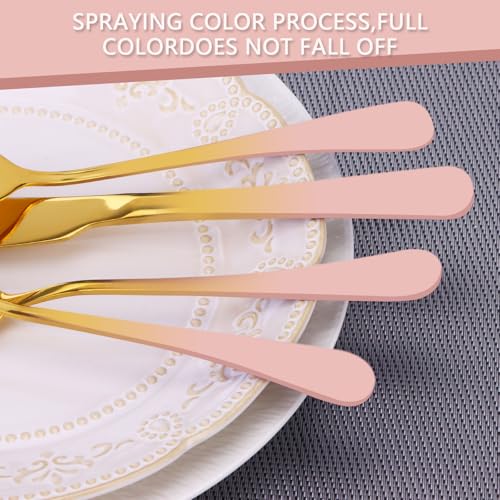 24 Pieces Flatware Set, Stainless Steel Cutlery Set with Silverware Holder, Modern Gold Silverware Set Includes Dinner Knives Forks Spoons,Hanging Silverware Set Service for 6 (Pink) - color: Pink
