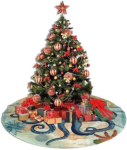 Ocean World Sea Octopus Christmas Tree Skirts 30", Xmas Tree Cloth Mats Trees Skirts for Decor Gift, Home Decoration