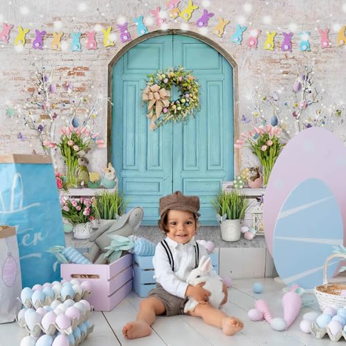 Mocsicka Easter Backdrop Blue Wooden Door with Brick Wall Bunny Rabbit Spring Photography Background Easter Day Party Decorations Photo Studio Props - size: 7x5ft (82x60 inch)