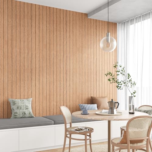 VEELIKE Luxury Cherry Wood Wall Panels Peel and Stick Slat Wall Panel for Bedroom Living Room 17''x118'' Self Adhesive Foam Vinyl Roll Wood Slat Wallpaper for Interior Wall Decor TV Background Ceiling - size: 17" x 118"