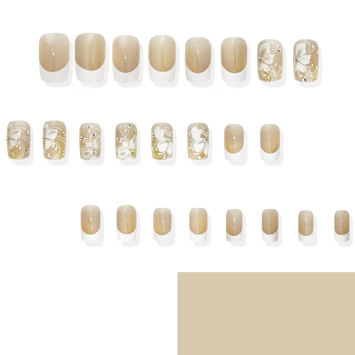 Square Press on Nails Medium - White Fake Nails with Flower Design - Rhinestone, French Tip Full Cover Stick on Nails - for Women 24 Pcs