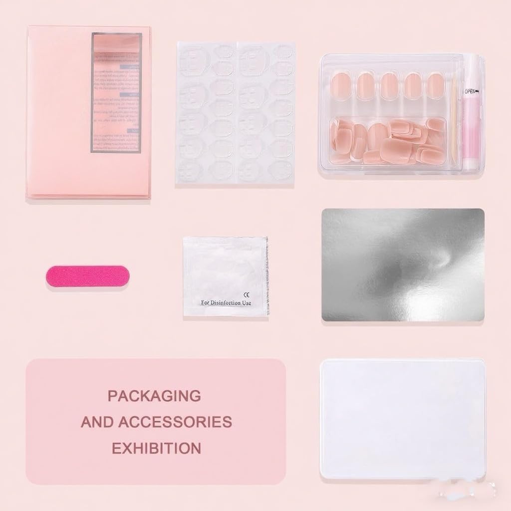 Milk Tea Pink Short Almond Press on Nails - Sheer Jelly Gel Nails Kit, Reusable 32Pcs with Glue & 16 Sizes for Women, Daily, Office Wear, Nude Nails