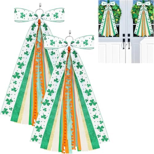 2 Pcs St Patricks Day Clover Ribbon Bow for Wreath Sash for Front Door