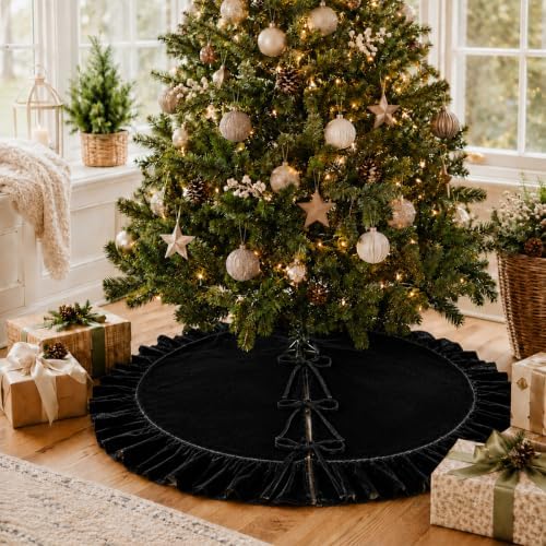 Christmas Tree Skirt,Velvet Tree Skirt with Ruffled Edge, Classic Large Velvet Fur Plush Tree Skirt for Merry Christmas(Black,60Inch)