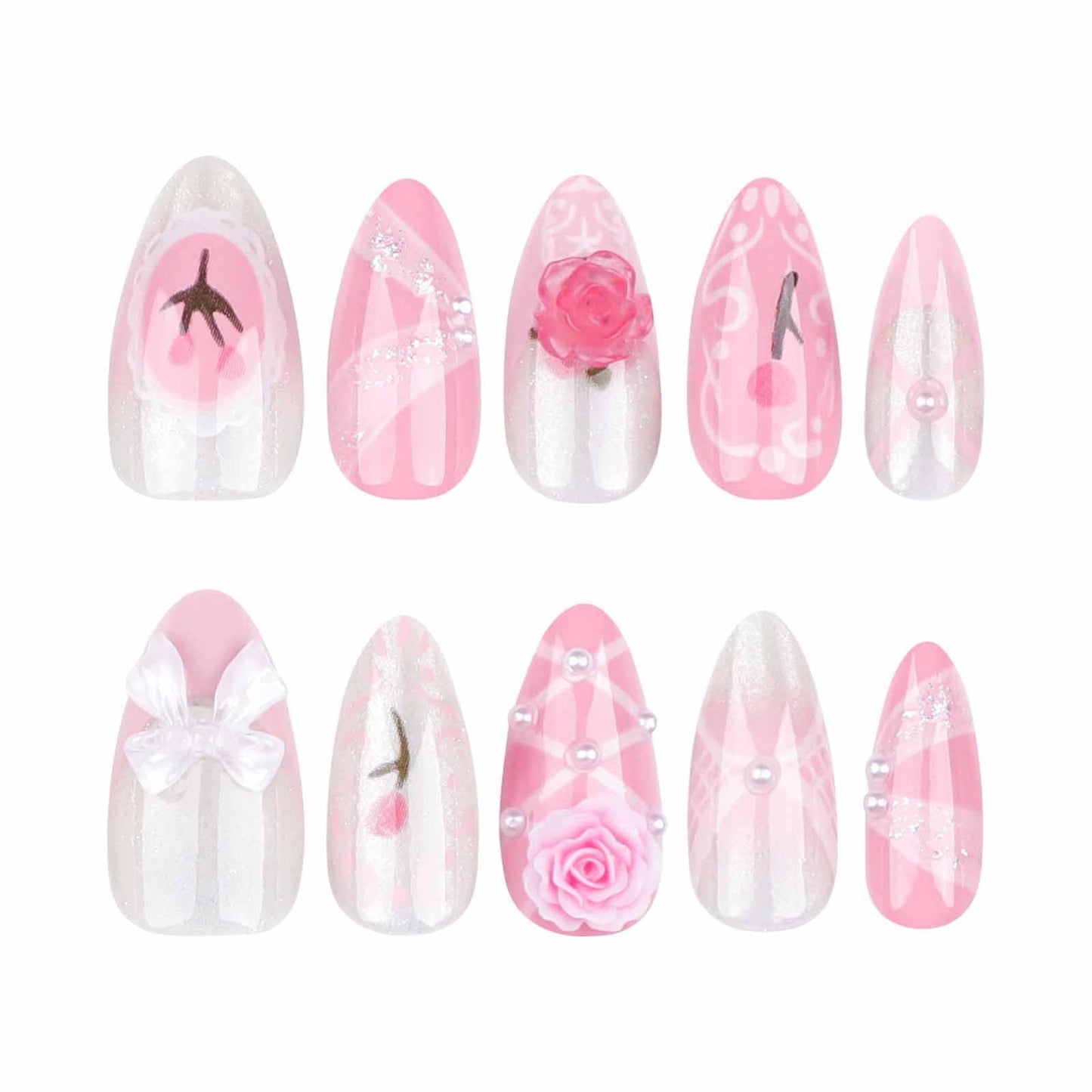 LBPEPAMZ 24Pcs Pink Press on Nails Medium Almond Fake Nails with 3D Rose Bow Pearl Rhinestones Design Pink Gradient French Tips White Acrylic False Nails Stick on Nails for Women Valentine's Day Decor