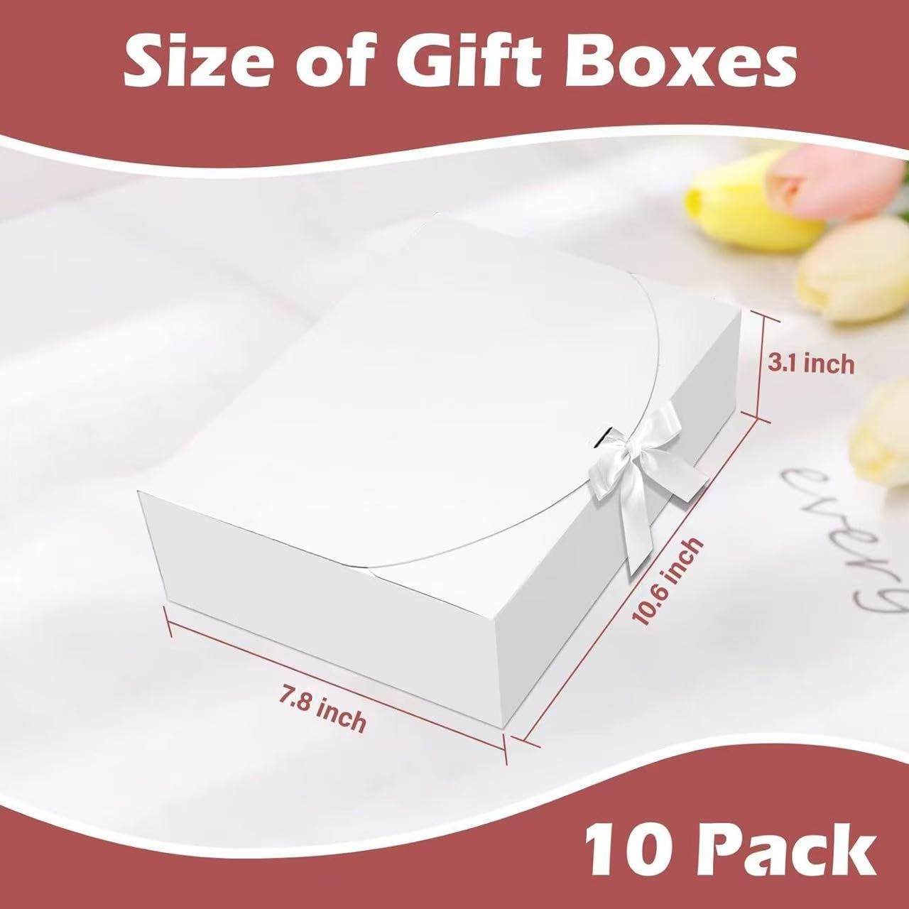 Treelement 10Pcs White Gift Boxes with Lids,10.6×7.8×3.1 Inch Bridesmaid Proposal Boxes with Ribbons and Stickers for Wedding Gifting,Birthday,Party Favors，Baby Shower,Return Gifts