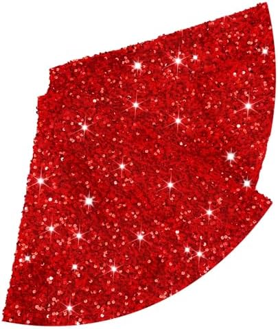 FUHSY 48 Inches Diameter Christmas Tree Skirt Red Sequin Velvet Tree Decorative Skirts Glitter Embroidered and Sequined Tree Cover Mat Glitter Xmas Tree Skirt for Christmas Halloween Tree Decoration