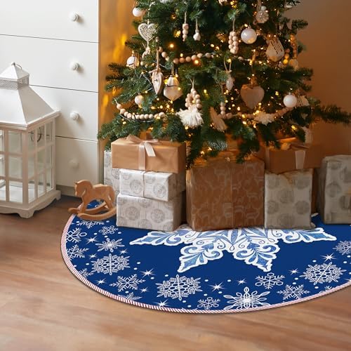 Blue Snowflake Christmas Tree Skirt 36 Inch, Blue Christmas Decorations, Winter Snowflake Xmas Tree Skirt for Home Xmas Party Winter Holiday Decor