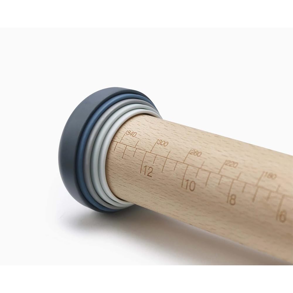 Joseph Joseph PrecisionPin - Rolling Pin with adjustable pastry thickness, Baking and dough rollers, Beech Wood, Pastel Blue