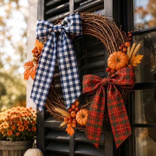 Suncalla 8 Pcs Fall Wreath Bows 14.2-17.9in Buffalo Plaid Velvet Burlap Bow