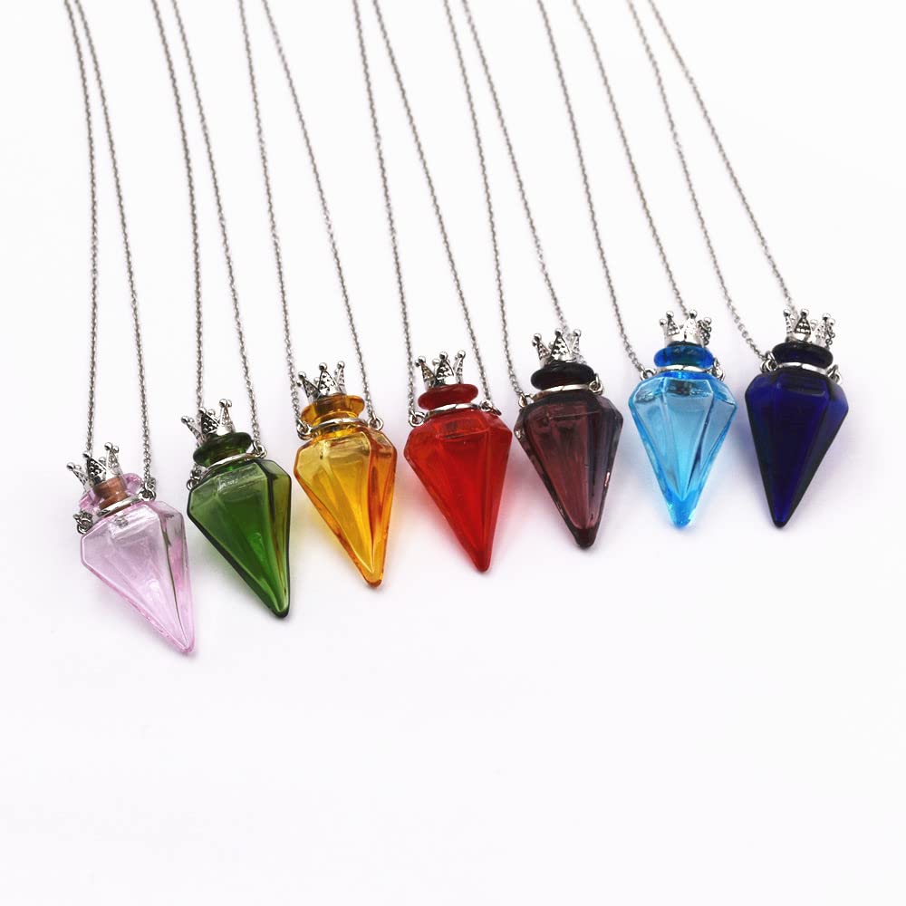 Colored glass Pendant Necklace Aromatherapy Perfume bottle necklace 50cm Stainless steel chain (Pink)