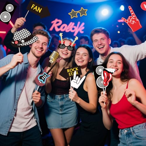 SUNBEAUTY 18 Pcs Rock and Roll Birthday Party Decorations Music Note Guitar Star Photo Booth Props Music Theme Party Supplies - color: Photo Props-rock and Roll