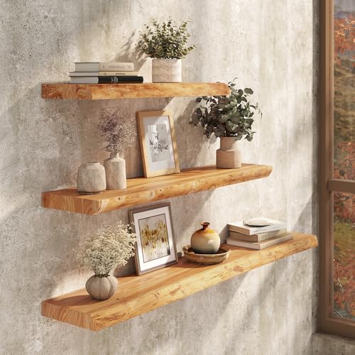 Live Edge Floating Shelf, 40 Inch Rustic Solid Elm Wood - Natural Wood Tone with Invisible Brackets, Wall Mounted for Living Room, Kitchen, Bathroom - color: Clear Natural, size: 40"L, 1-Pack