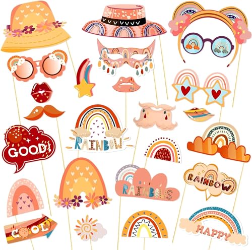 25Pcs Boho Photo Booth Props with Stick, Bohemian Theme Selfie Props, Boho Rainbow Birthday Party Supplies, Photography Backdrop Decorations