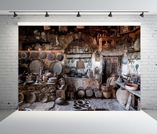12x8ft Fabric Rustic Old Kitchen Backdrop Old Village Stone Kitchen Antique Pantry Monasteries in Meteora Greece Background Rural Farmhouse Cooking Utensils Backdrop Photo Booth Props - size: 12x8FT
