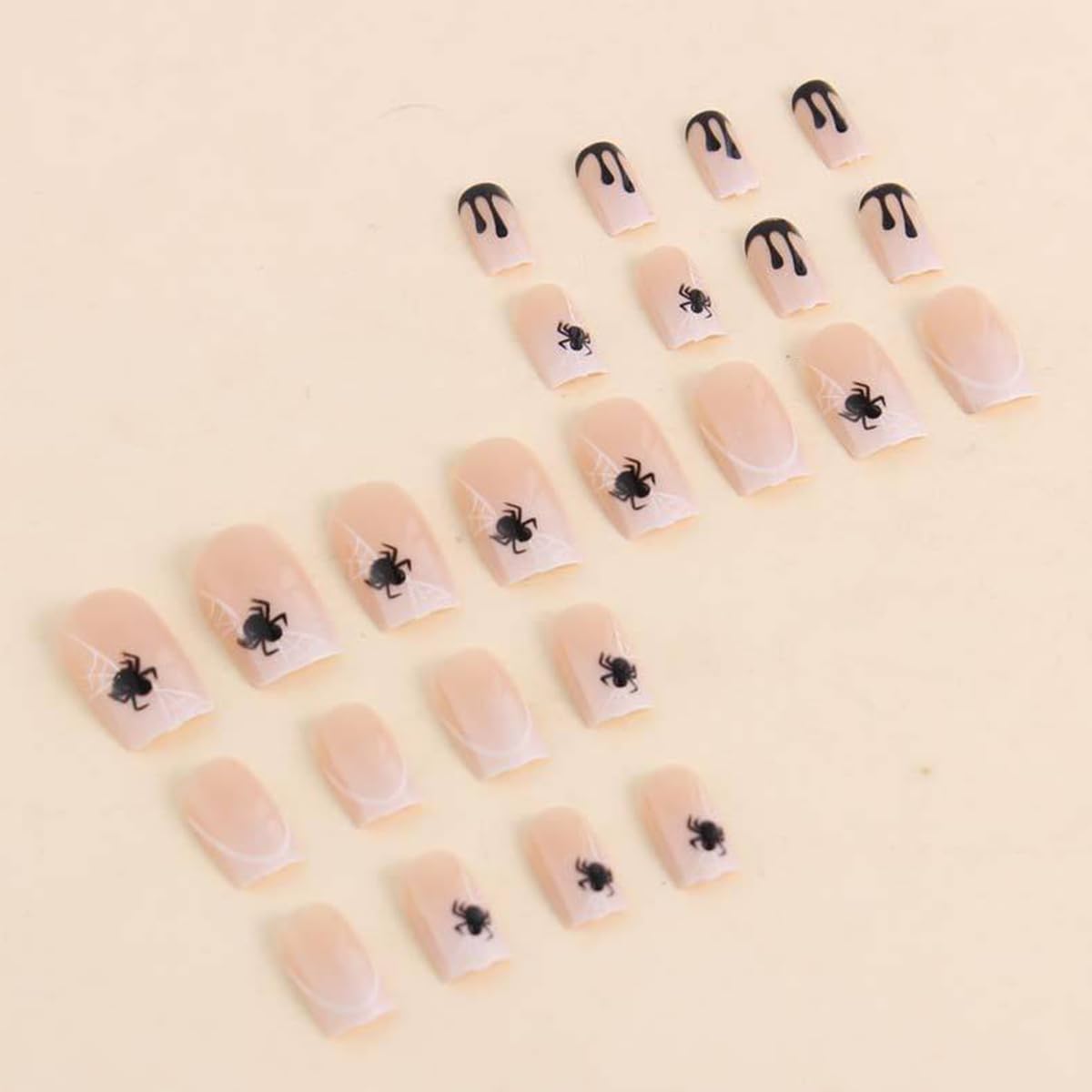 Halloween Square Press on Nails Medium Nude Fake Nails with Spider Web Designs Halloween Glue on Nails Spider Nails Press ons French False Nail for Women DIY Manicure Decorations 24Pcs