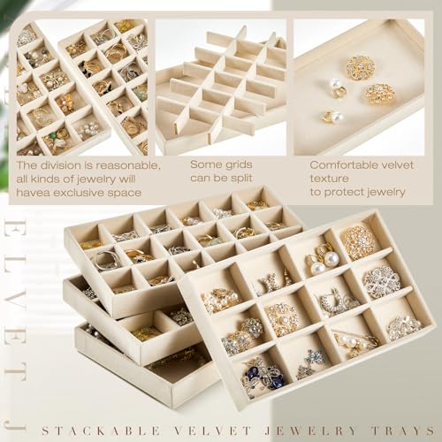 Junkin 12 Pcs Jewelry Tray Velvet Stackable Jewelry Organizer Trays Divided Earring Accessories Storage Containers Box (Rose Red) - color: Beige