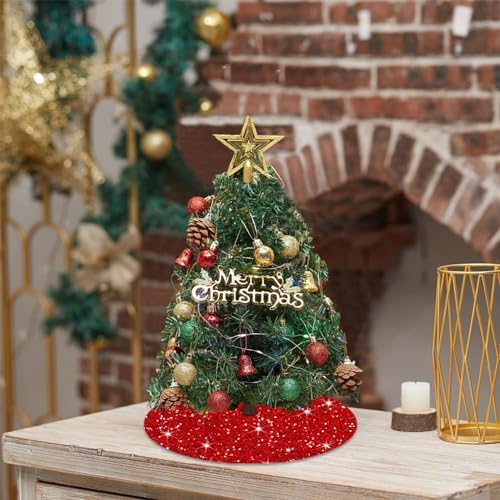FUHSY Christmas Fall Tree Skirt 21 Inch Diameter Red Velvet Fabric Soft Metallic Tree Cover Mat Glitter Embroidered and Sequined Tree Skirts for Christmas Tree Decorations and Ornaments