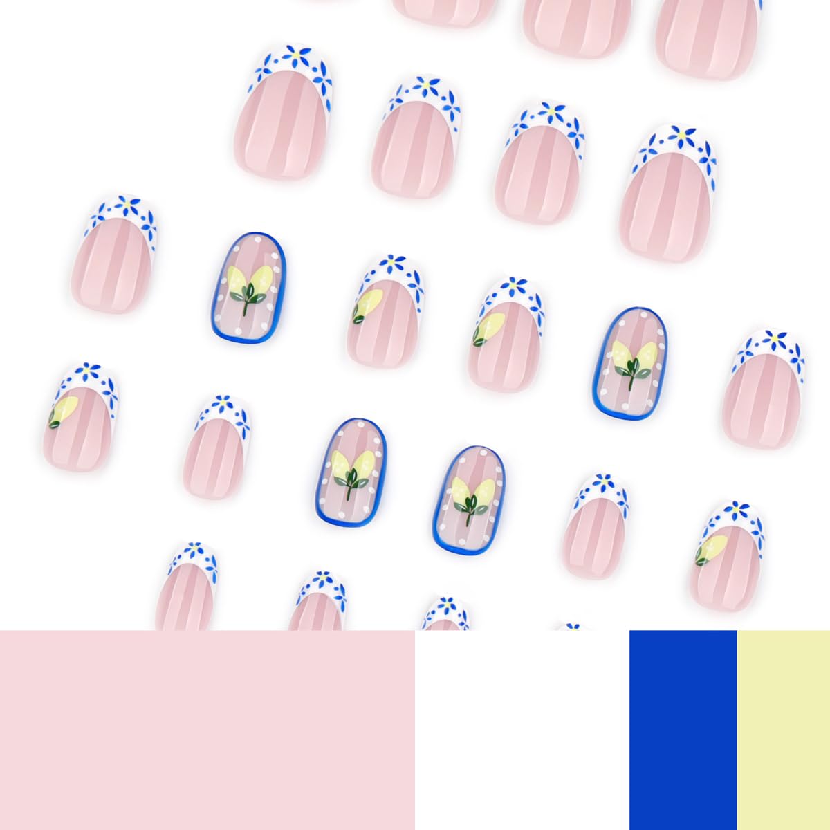 French Tip Press on Nails Short Oval Fake Nails with Fruit Floral Design Glossy Cute Nails Summer Beach Nails Press ons Artificial Full Cover Glue on Nails for Women Girls Kit 24Pcs