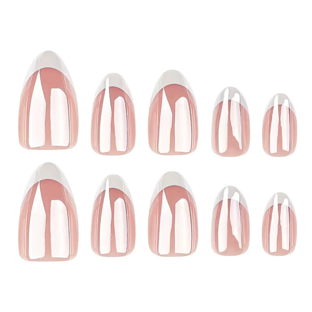 FJSMTOPl French Tip Press on Nails - Almond Fake Nails - with Designs Chrome False Nails Press ons - Medium Acrylic Glue on Nails Cute Artificial Stick on Nail for Women Manicure 24pcs