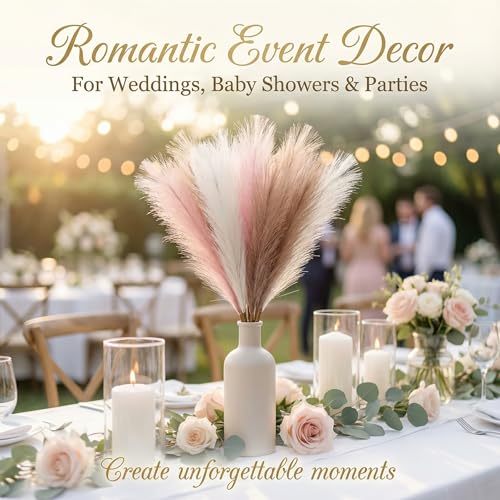 Pampas Grass Decor 30pcs 21.7 Inch, Faux Pampas Grass White Pink Brown Artificial Dried Flowers Fluffy No Shedding for Boho Wedding Home Bedroom Vase Filler - size: White Pink Brown