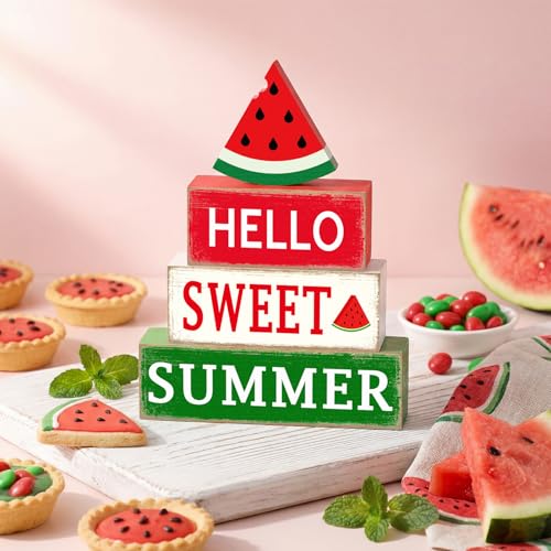 GlikCeil 4 Pcs Summer Watermelon Wood Block Table Sign Watermelon Table Decorations Centerpieces Farmhouse Rustic Tiered Summer Tray Decor for Home Office Desk Kitchen Shelf Decor - style: Watermelon