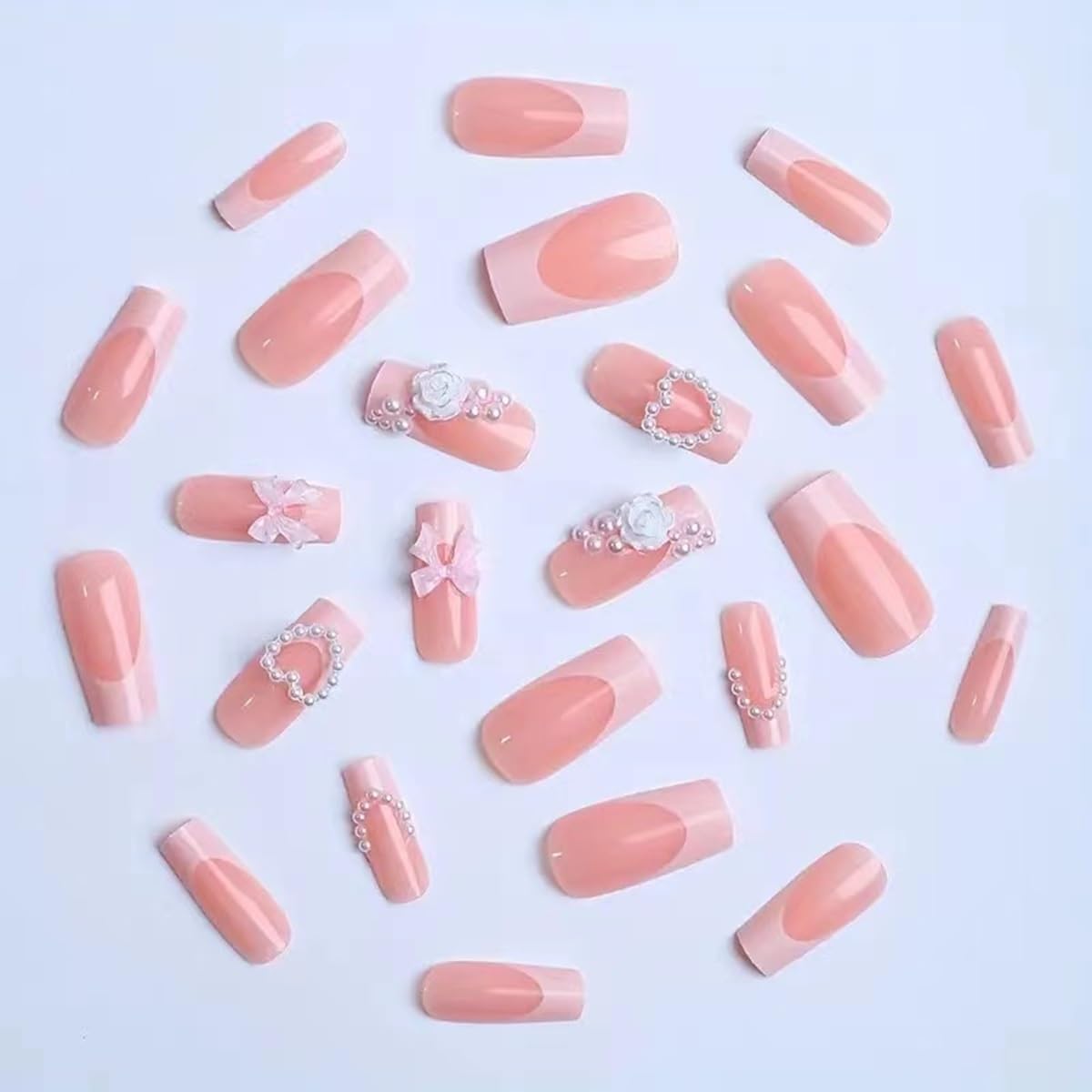 Coffin Press on Nails Medium - White French Tip Fake Nails with Bow Pearl Design - Heart Stick on Nails Press ons - for Women 24 Pcs