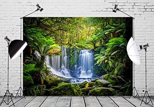 BELECO 10x6.5ft Fabric Jungel Forest Waterfall Photography Backdrop Tropical Rainforest Cascade Green Trees Landscape Background Walking Travel Outdoor Camping Activity Photo Shoot Studio Props - size: 10x6.5FT