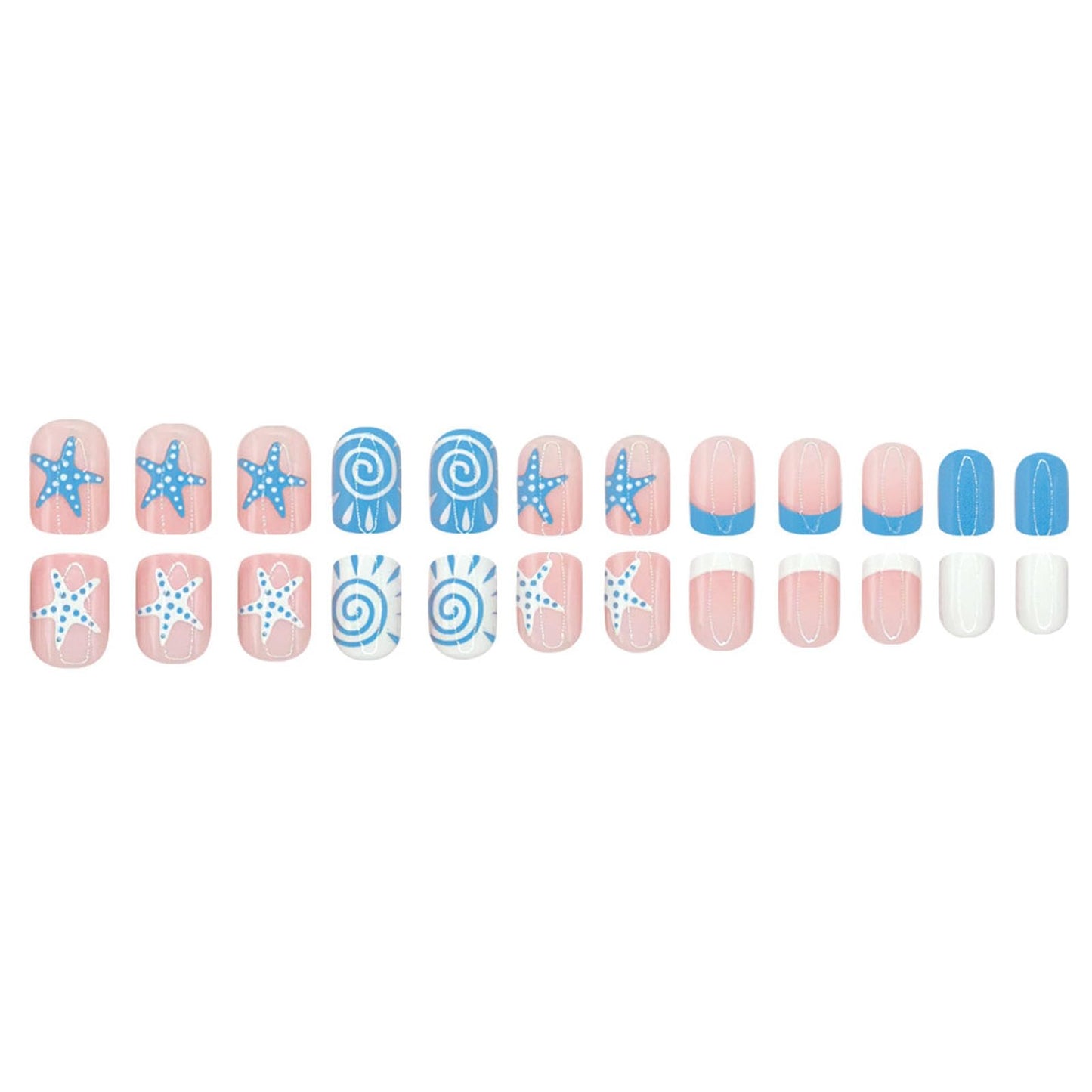 French Tip Press on Nails Short Square Fake Nails with Starfish White Swirl Designs Nails Press ons Blue Glue on Nails Cute Acrylic Nails Summer Stick on Nails for Women 24Pcs