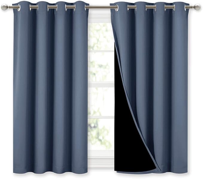 NICETOWN 100% Blackout Curtains with Black Liners, Thermal Insulated Full Blackout 2-Layer Lined Drapes, Energy Efficiency Window Draperies for Boy's Room (Stone Blue, 2 Panels, 52-inch by 45-inch)
