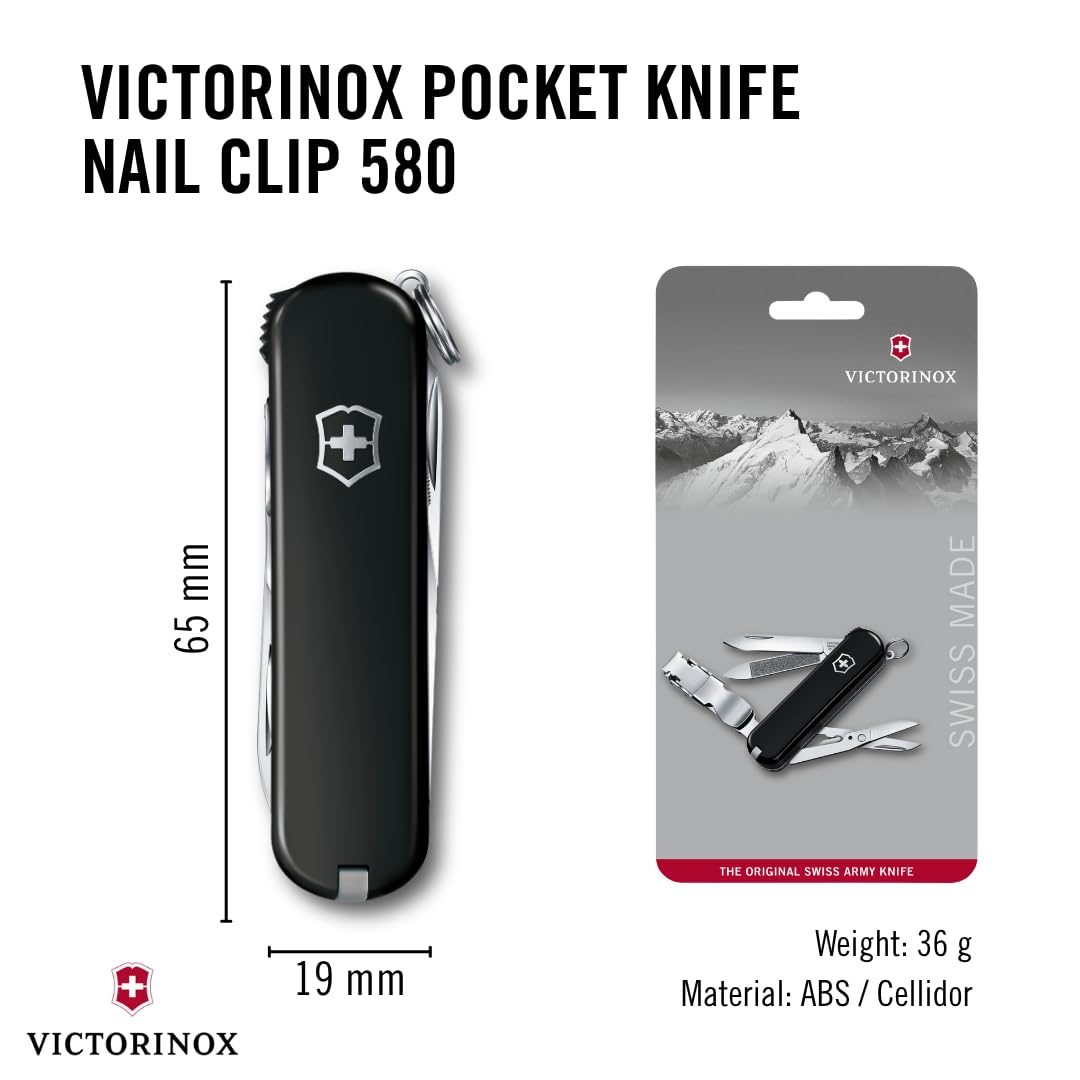 Victorinox Nail Clip 580, 8 Functions, Swiss Made Multi-Tool with Nail File, Nail Cleaner and Small Blade - Black